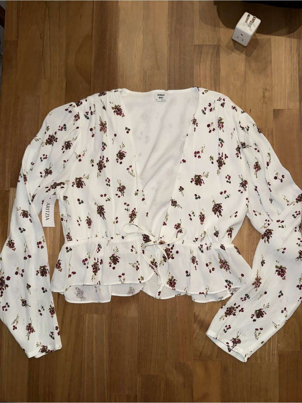 Aritzia White Blouse with Burgundy Floral Print and Tie Front